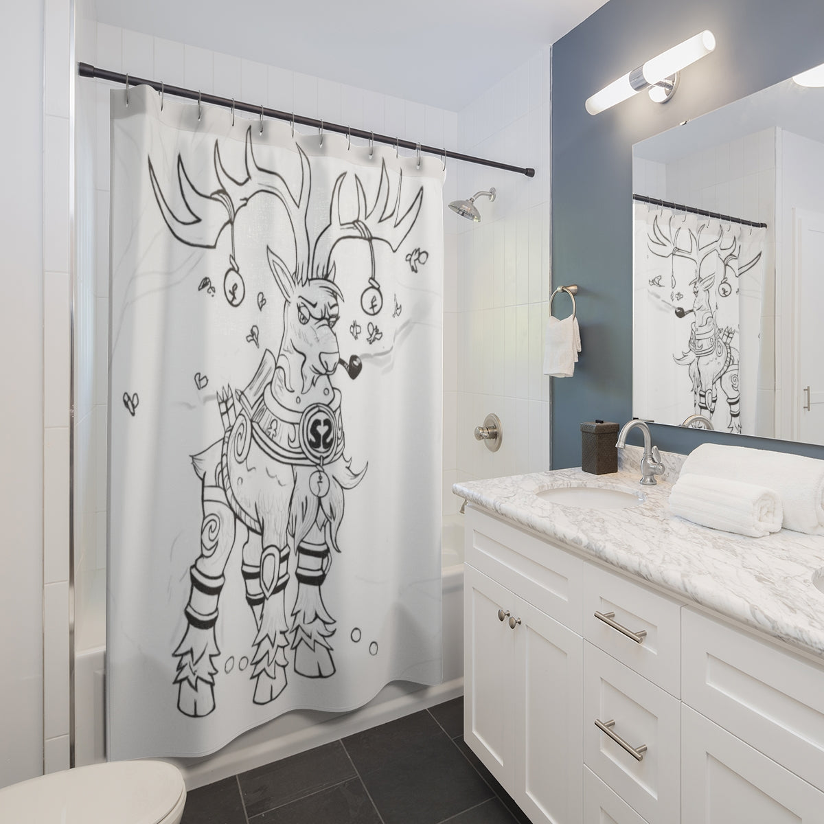 Tempus Guardian of the Harvest Shower Curtain featuring vibrant colors and artistic design, made from durable polyester material.