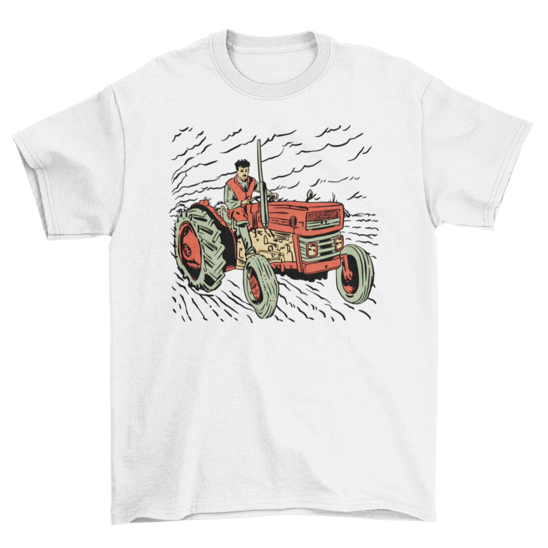 Teenager driving a tractor illustrated in hand-drawn style on a t-shirt.