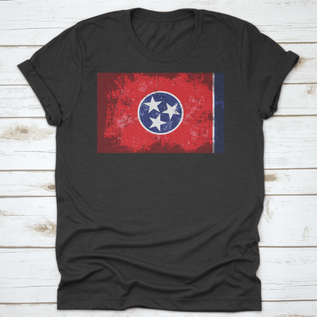 Vintage-style Tennessee flag with a grunge, scratched design, made from 100% cotton, showcasing state pride.
