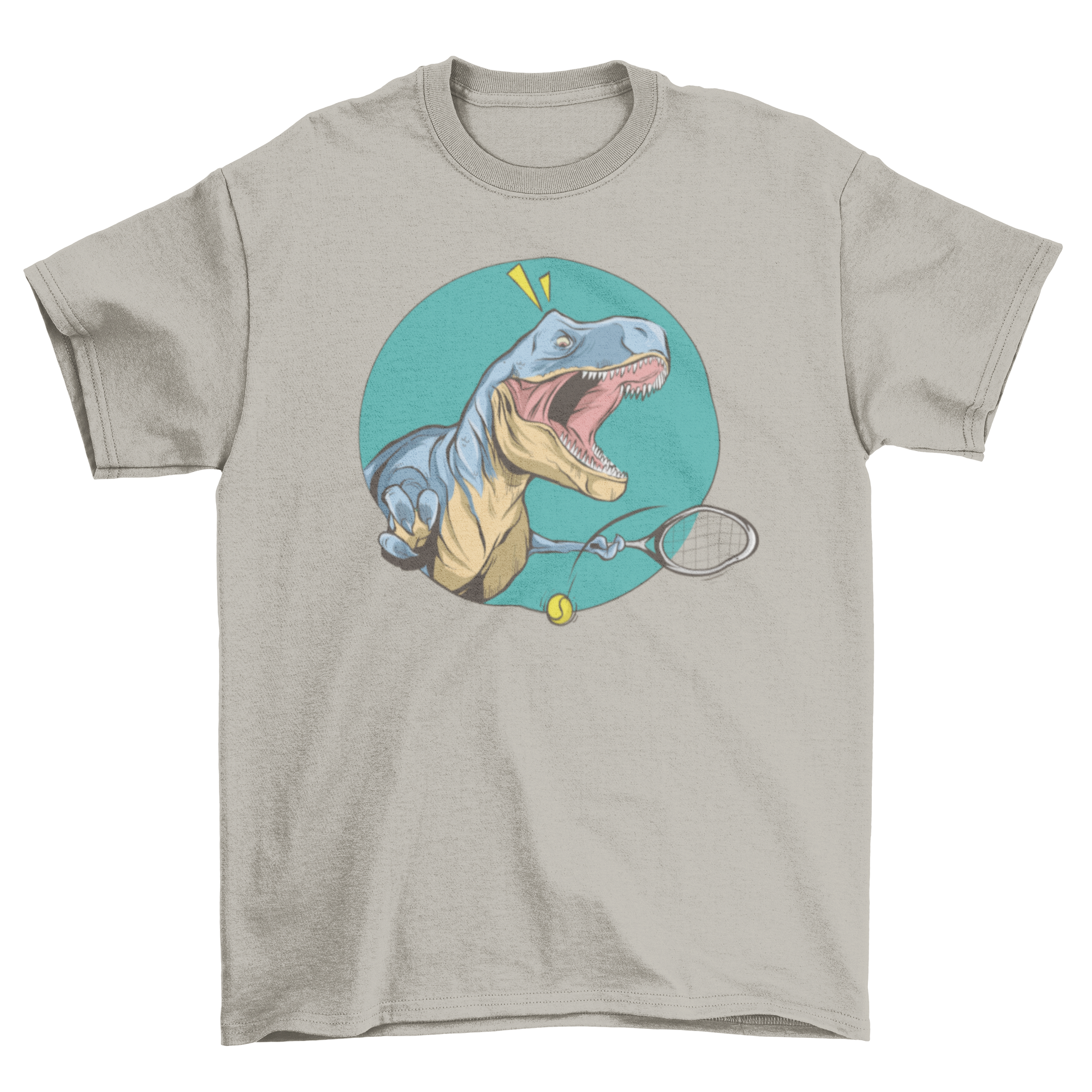 A playful T-Rex dinosaur playing tennis, humorously struggling with short arms, featured on a stylish t-shirt.