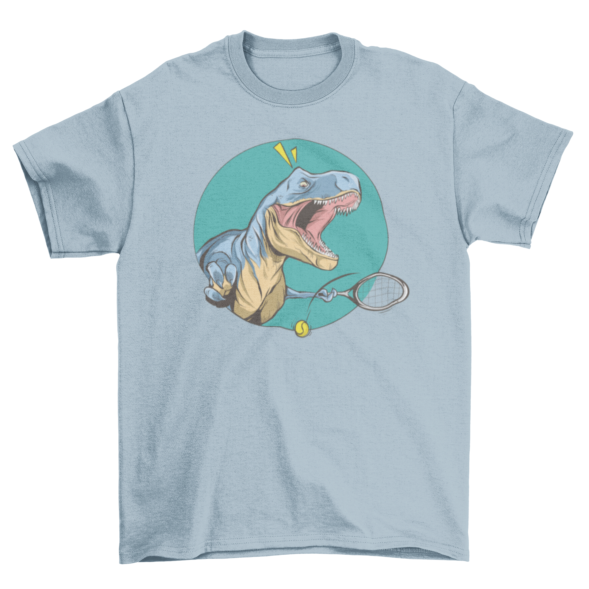 A playful T-Rex dinosaur playing tennis, humorously struggling with short arms, featured on a stylish t-shirt.