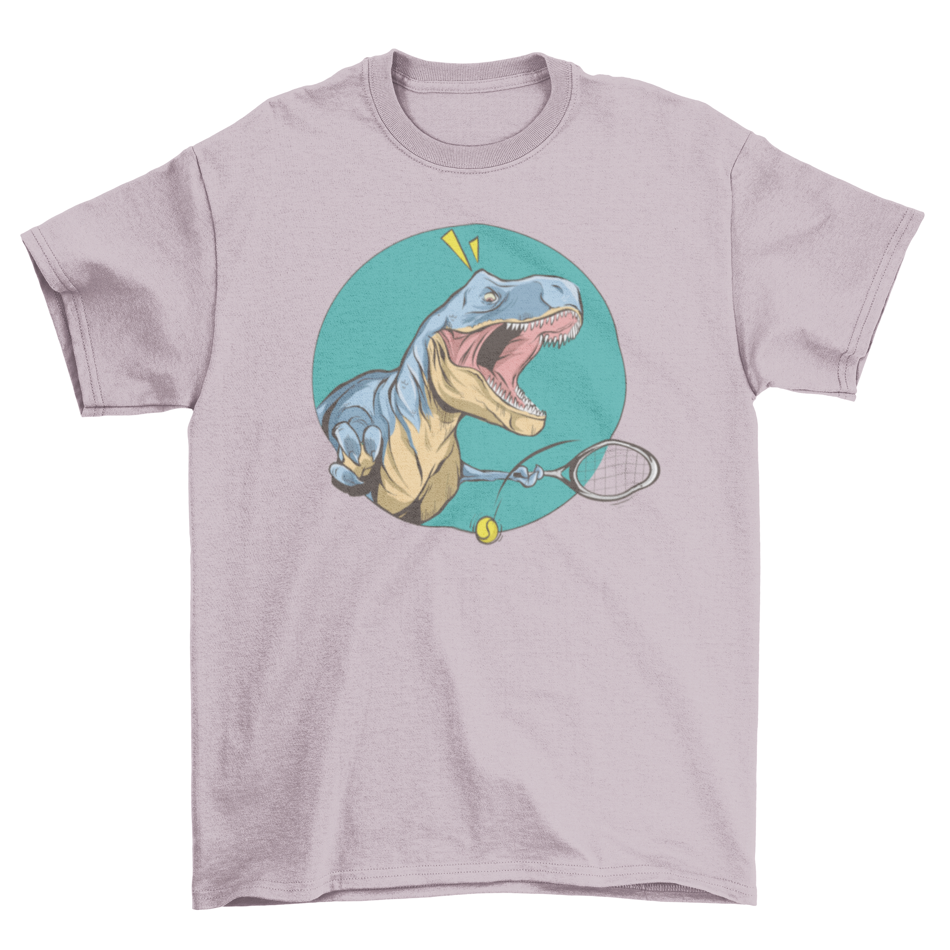 A playful T-Rex dinosaur playing tennis, humorously struggling with short arms, featured on a stylish t-shirt.