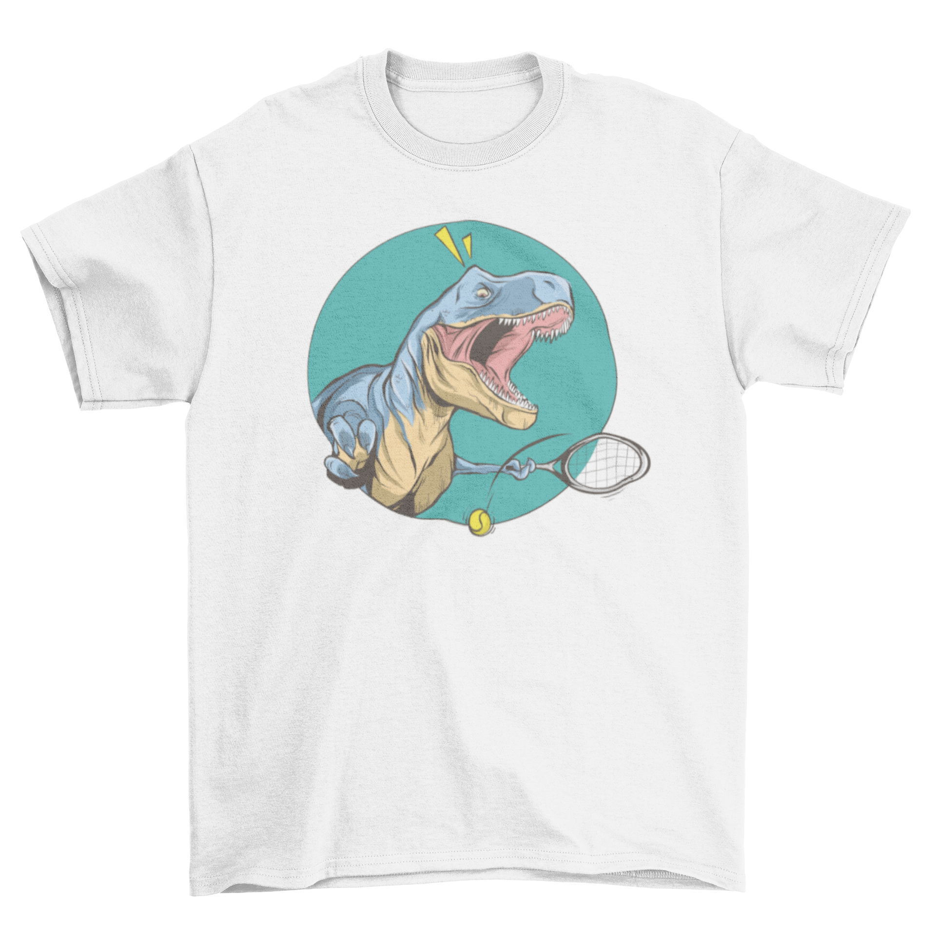 A playful T-Rex dinosaur playing tennis, humorously struggling with short arms, featured on a stylish t-shirt.