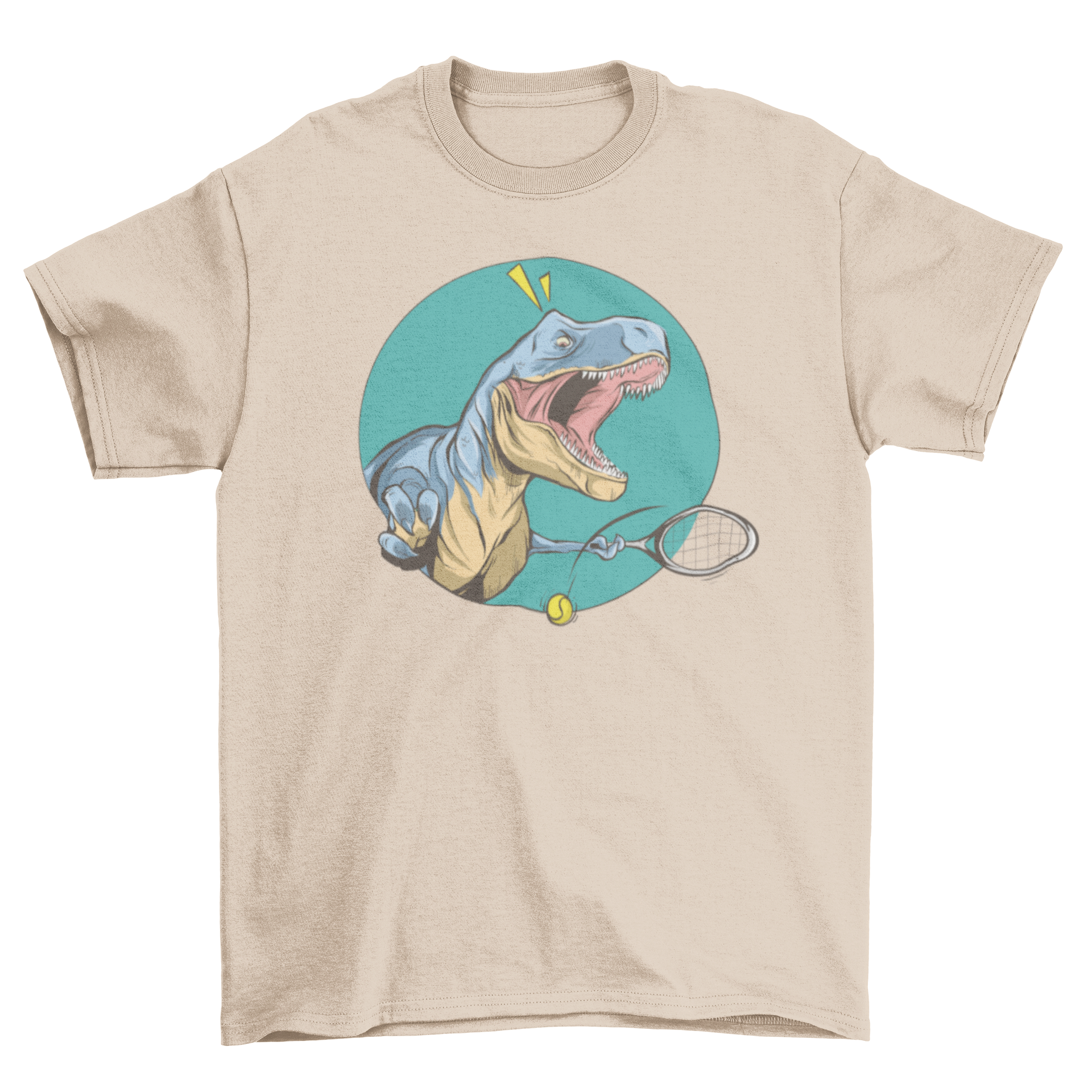 A playful T-Rex dinosaur playing tennis, humorously struggling with short arms, featured on a stylish t-shirt.