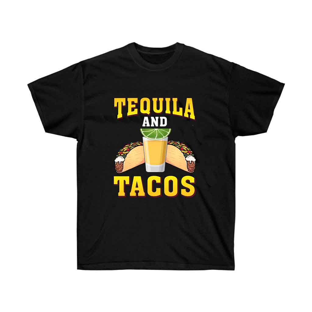 A stylish unisex t-shirt featuring a fun tequila and tacos design, made from 100% soft cotton, perfect for casual outings and parties.