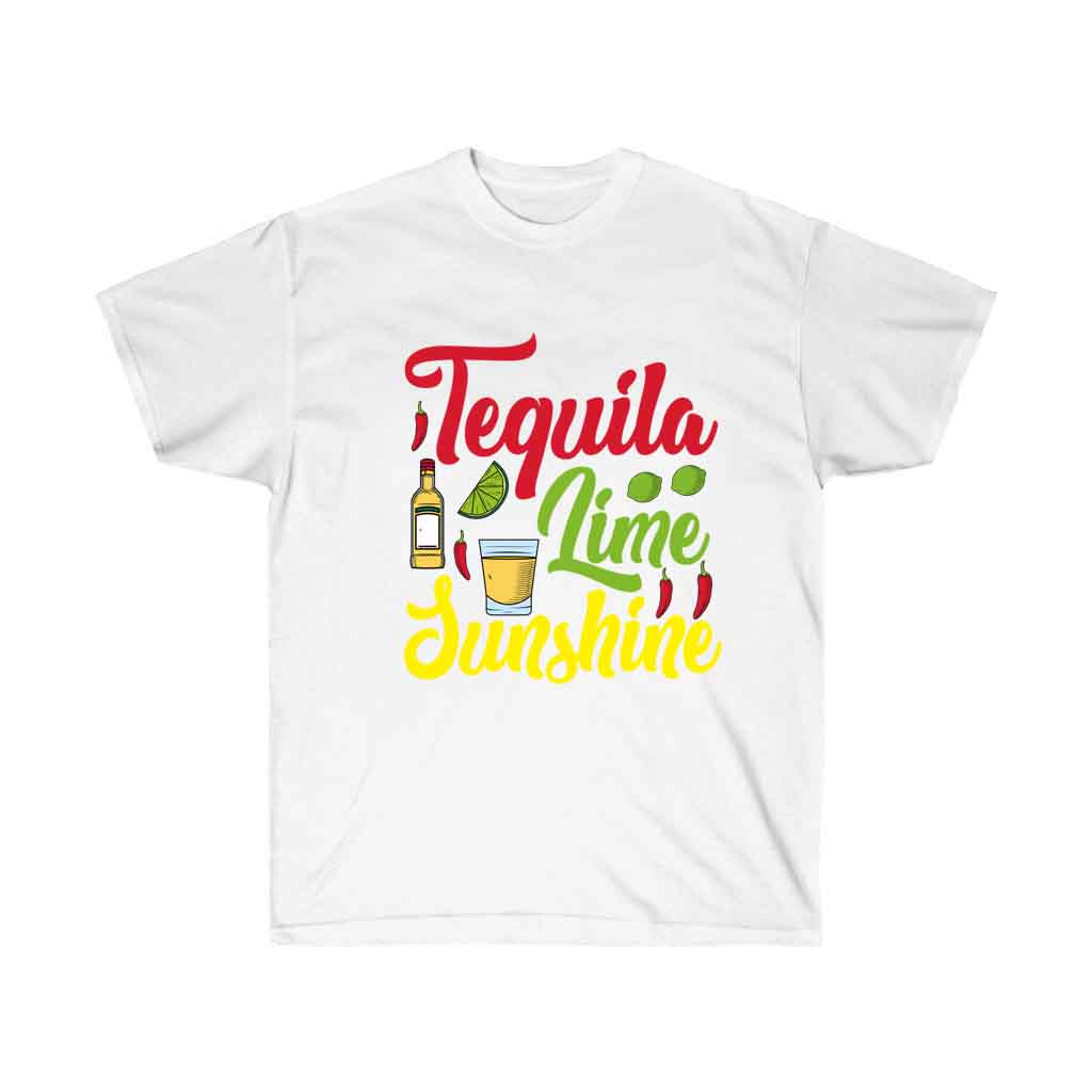 Tequila Lime Sunshine Drinking T-shirt featuring vibrant design, made from 100% soft cotton, perfect for casual wear.
