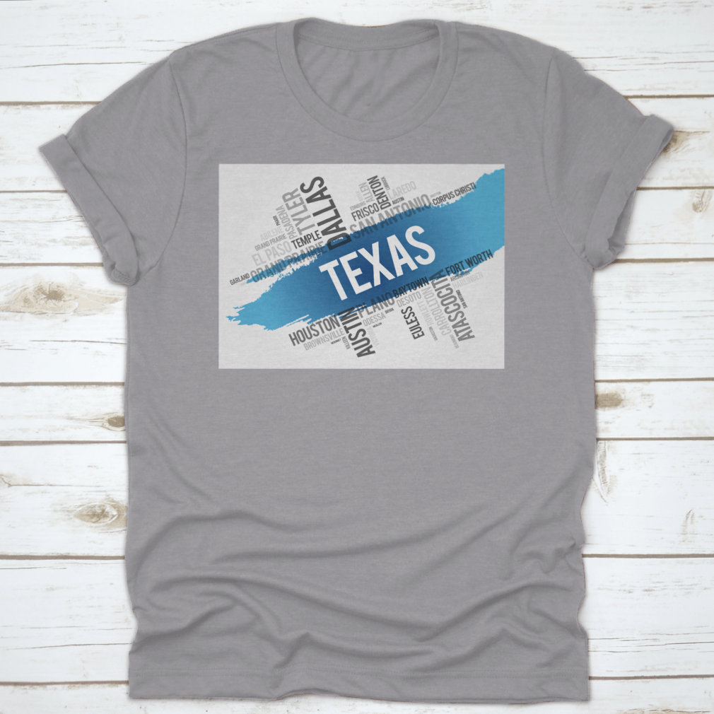 Texas City State Landmark Word Cloud Map Design shirt made from 100% cotton, featuring a unique graphic of Texas landmarks.