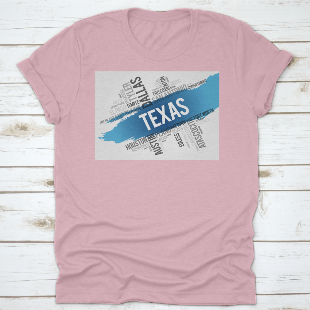 Texas City State Landmark Word Cloud Map Design shirt made from 100% cotton, featuring a unique graphic of Texas landmarks.
