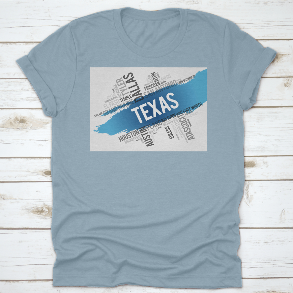 Texas City State Landmark Word Cloud Map Design shirt made from 100% cotton, featuring a unique graphic of Texas landmarks.