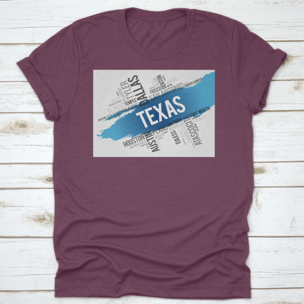 Texas City State Landmark Word Cloud Map Design shirt made from 100% cotton, featuring a unique graphic of Texas landmarks.