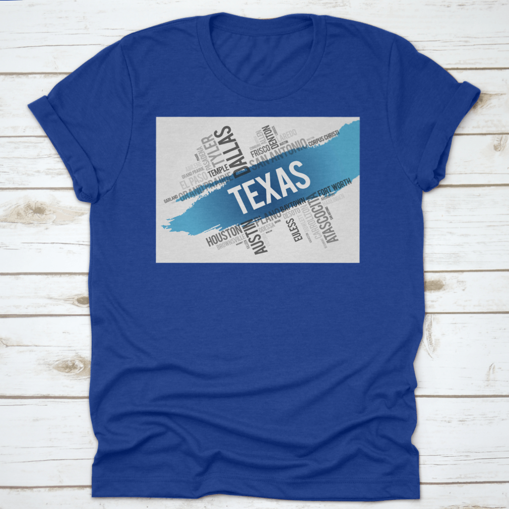 Texas City State Landmark Word Cloud Map Design shirt made from 100% cotton, featuring a unique graphic of Texas landmarks.