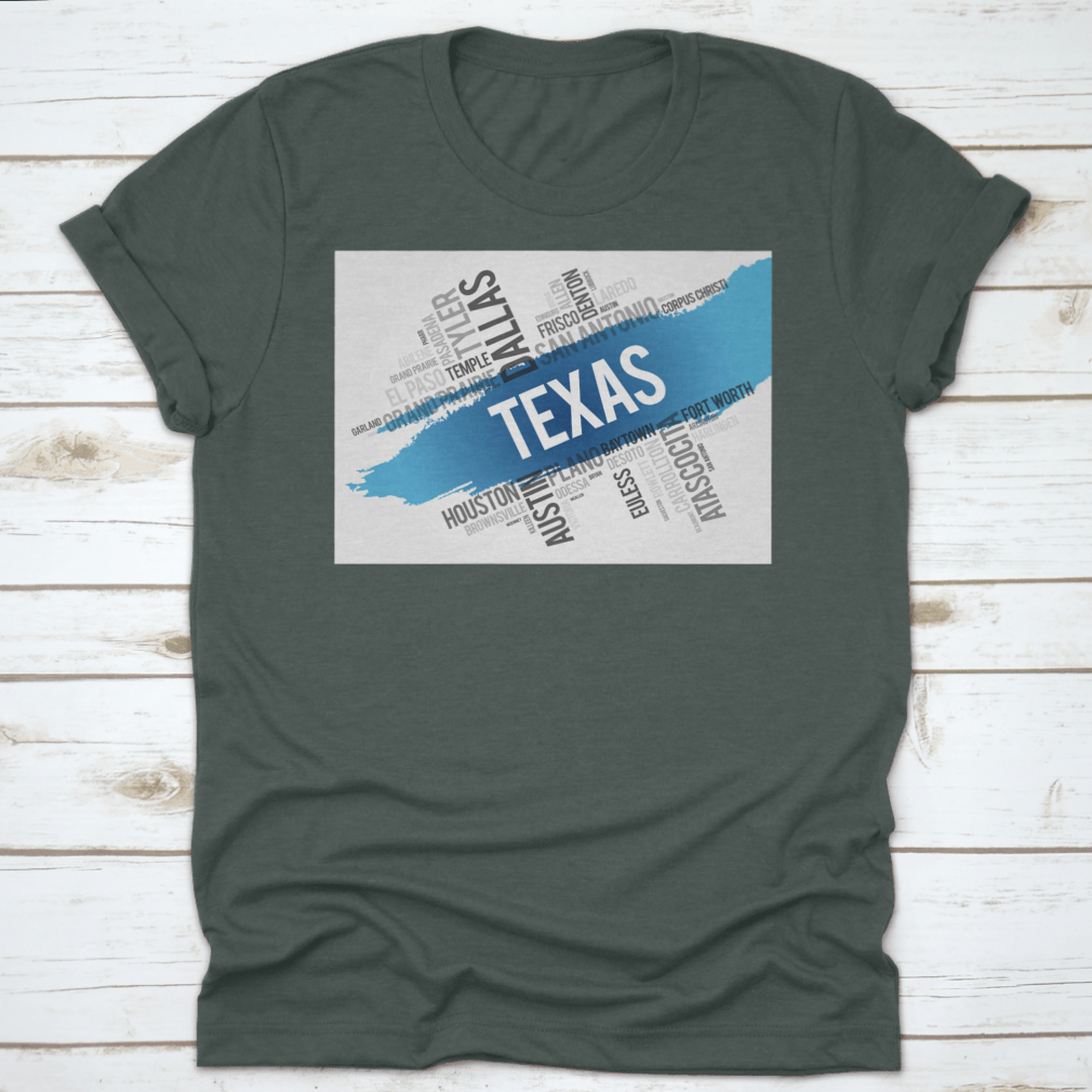 Texas City State Landmark Word Cloud Map Design shirt made from 100% cotton, featuring a unique graphic of Texas landmarks.