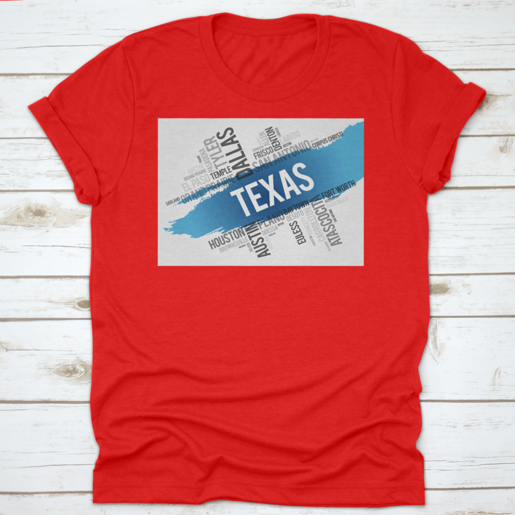 Texas City State Landmark Word Cloud Map Design shirt made from 100% cotton, featuring a unique graphic of Texas landmarks.