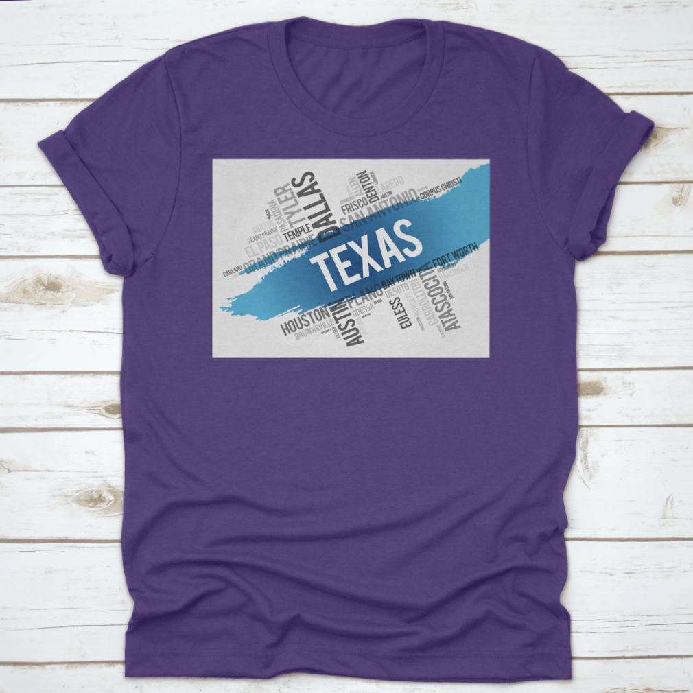 Texas City State Landmark Word Cloud Map Design shirt made from 100% cotton, featuring a unique graphic of Texas landmarks.