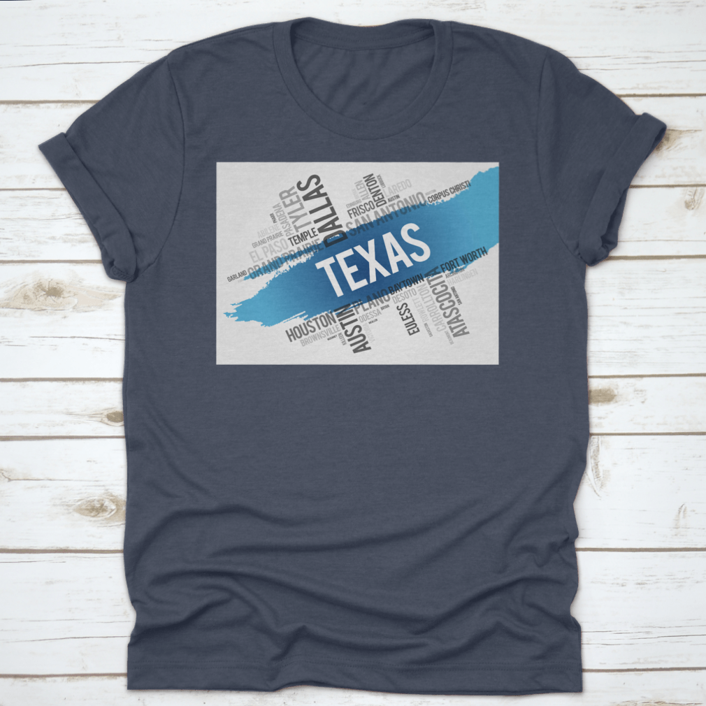 Texas City State Landmark Word Cloud Map Design shirt made from 100% cotton, featuring a unique graphic of Texas landmarks.
