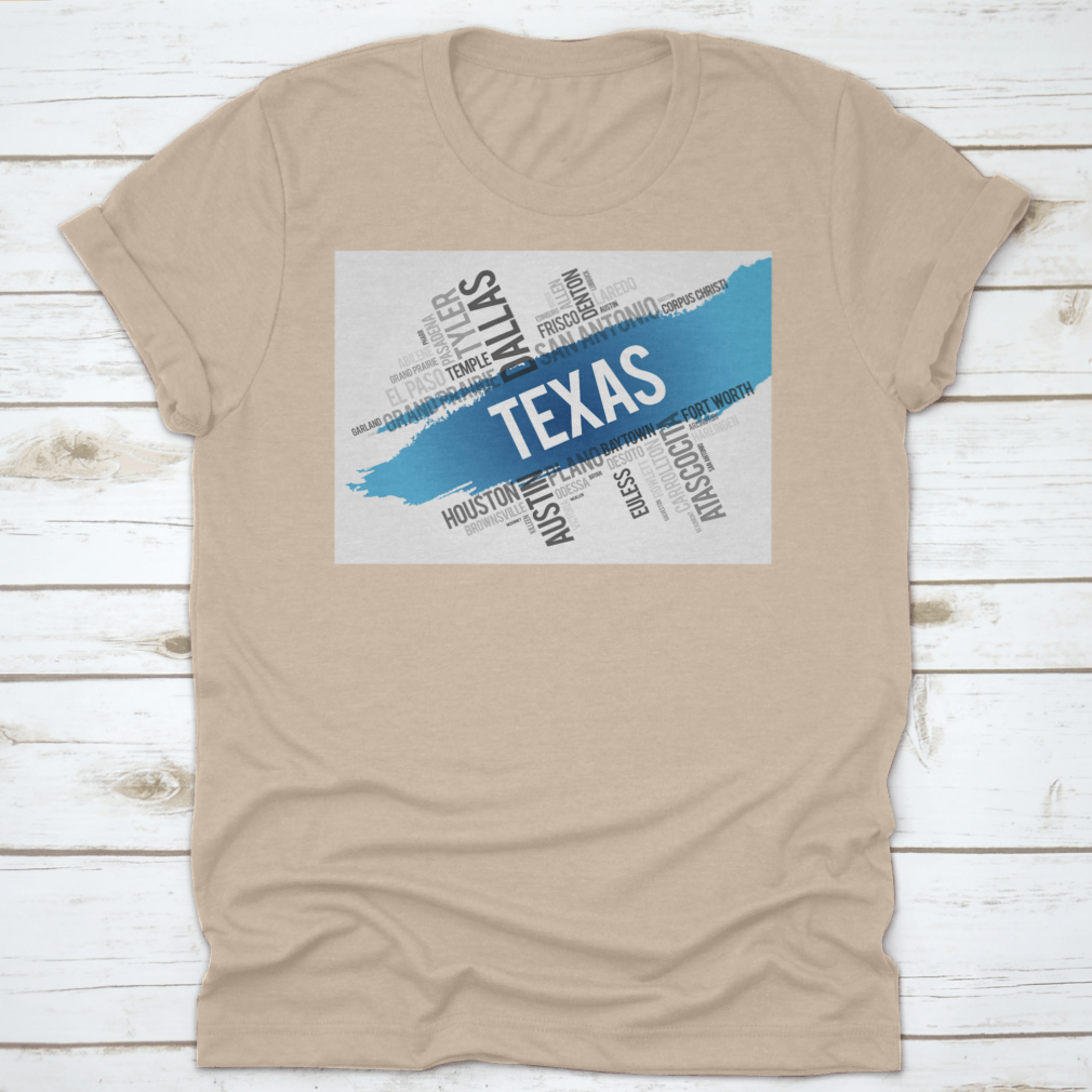 Texas City State Landmark Word Cloud Map Design shirt made from 100% cotton, featuring a unique graphic of Texas landmarks.