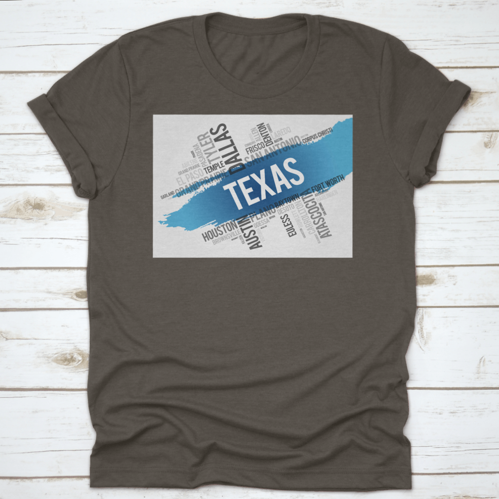 Texas City State Landmark Word Cloud Map Design shirt made from 100% cotton, featuring a unique graphic of Texas landmarks.