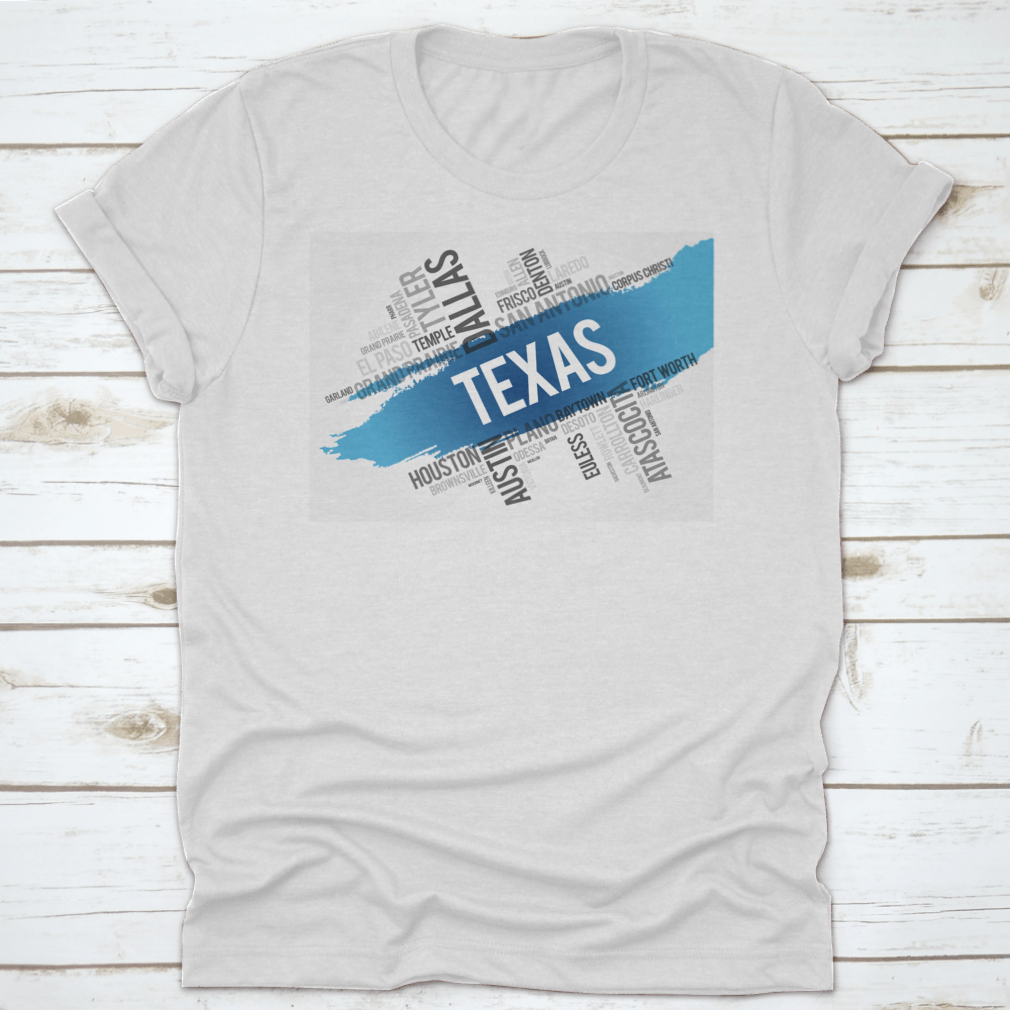Texas City State Landmark Word Cloud Map Design shirt made from 100% cotton, featuring a unique graphic of Texas landmarks.