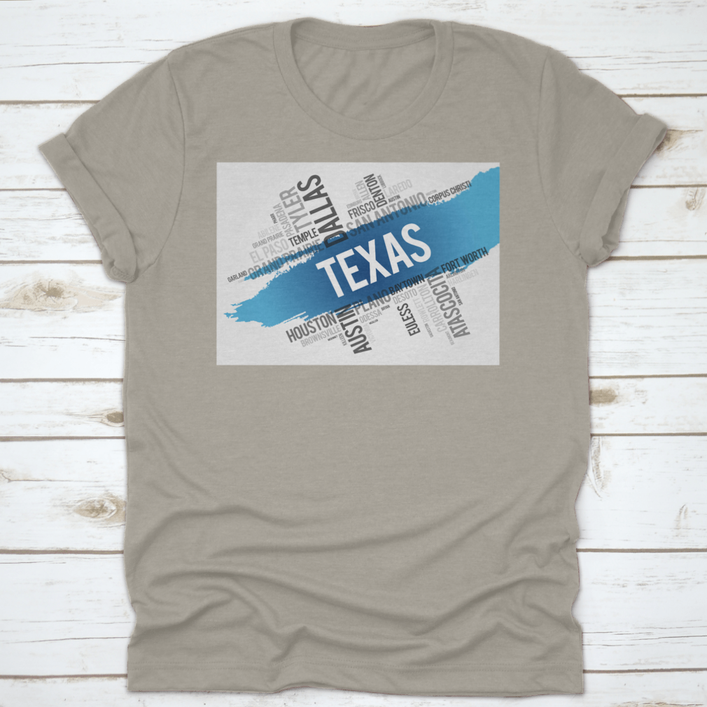 Texas City State Landmark Word Cloud Map Design shirt made from 100% cotton, featuring a unique graphic of Texas landmarks.
