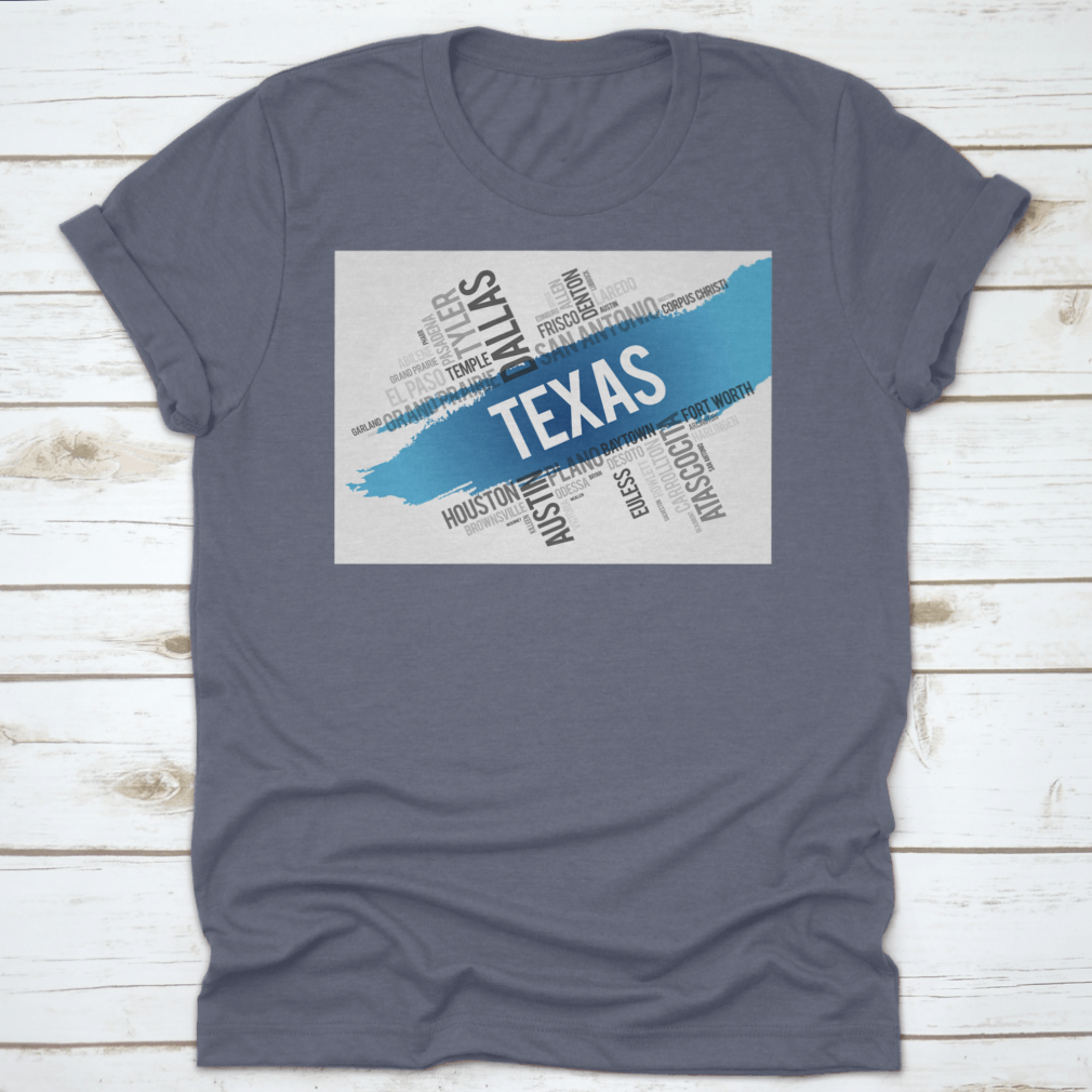 Texas City State Landmark Word Cloud Map Design shirt made from 100% cotton, featuring a unique graphic of Texas landmarks.