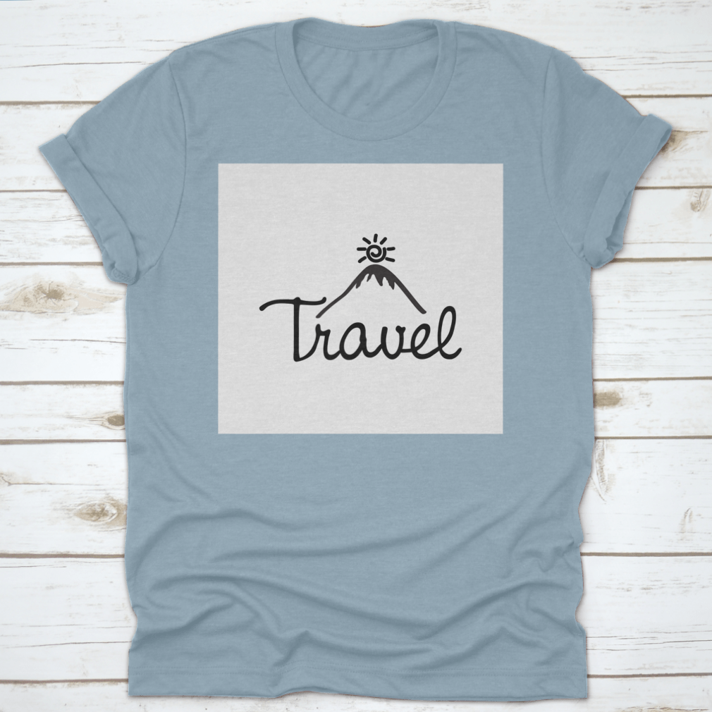 A stylish cotton T-shirt featuring a mountain and sun design with the word 'Travel' printed on it, perfect for adventurers.