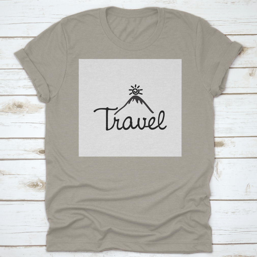 A stylish cotton T-shirt featuring a mountain and sun design with the word 'Travel' printed on it, perfect for adventurers.