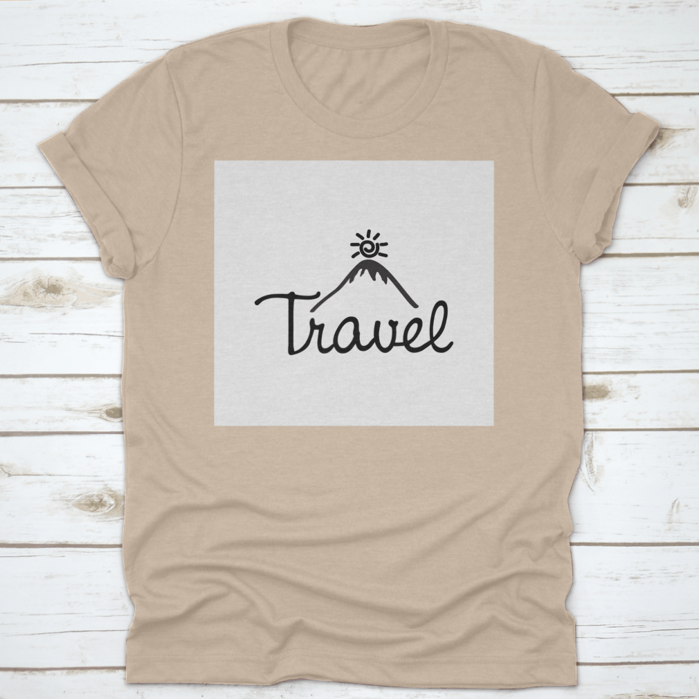 A stylish cotton T-shirt featuring a mountain and sun design with the word 'Travel' printed on it, perfect for adventurers.