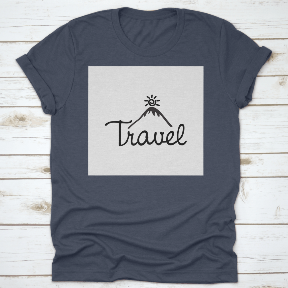 A stylish cotton T-shirt featuring a mountain and sun design with the word 'Travel' printed on it, perfect for adventurers.