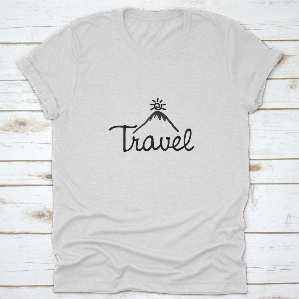 A stylish cotton T-shirt featuring a mountain and sun design with the word 'Travel' printed on it, perfect for adventurers.