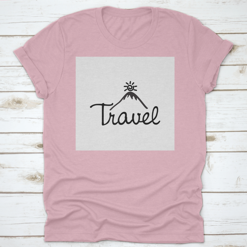 A stylish cotton T-shirt featuring a mountain and sun design with the word 'Travel' printed on it, perfect for adventurers.
