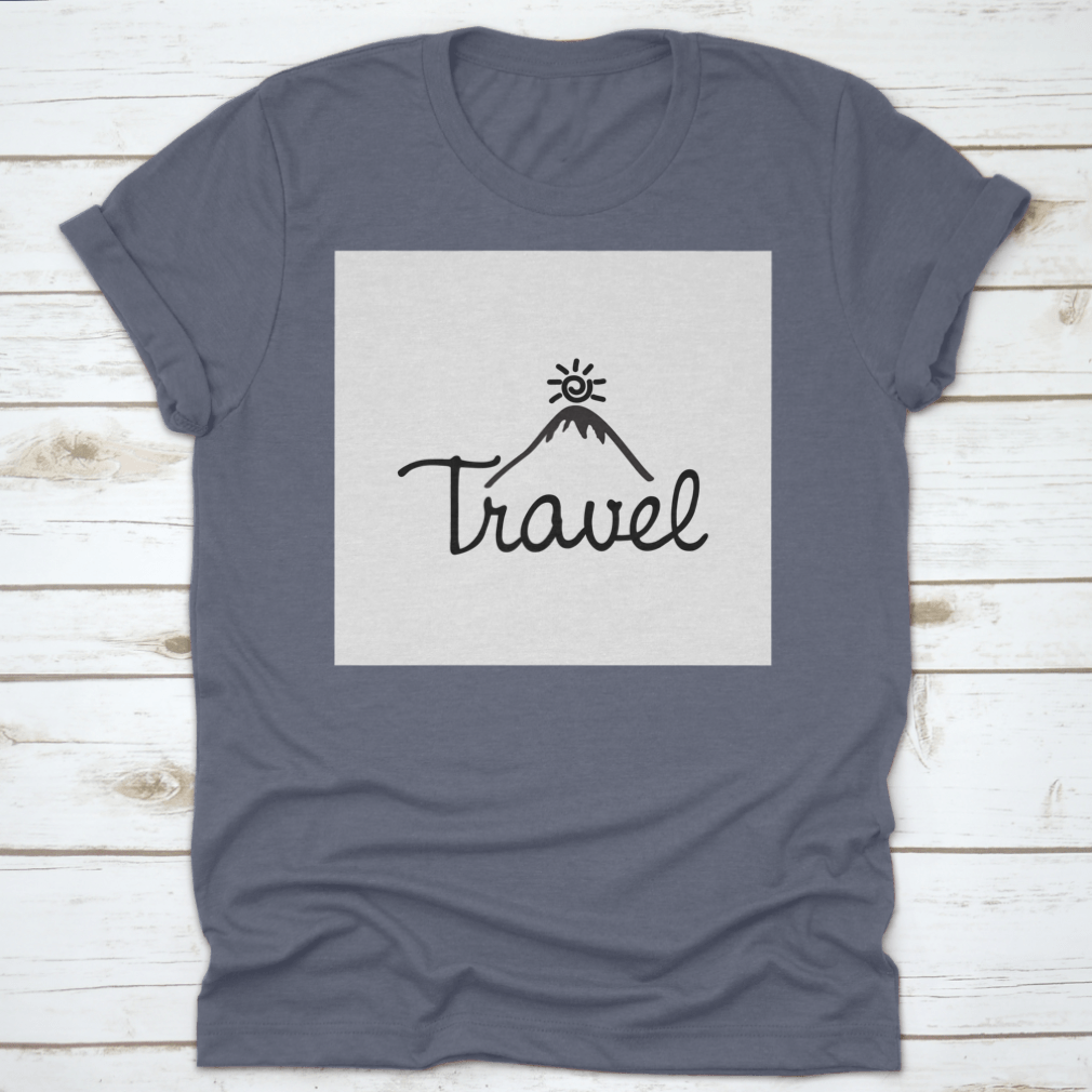 A stylish cotton T-shirt featuring a mountain and sun design with the word 'Travel' printed on it, perfect for adventurers.