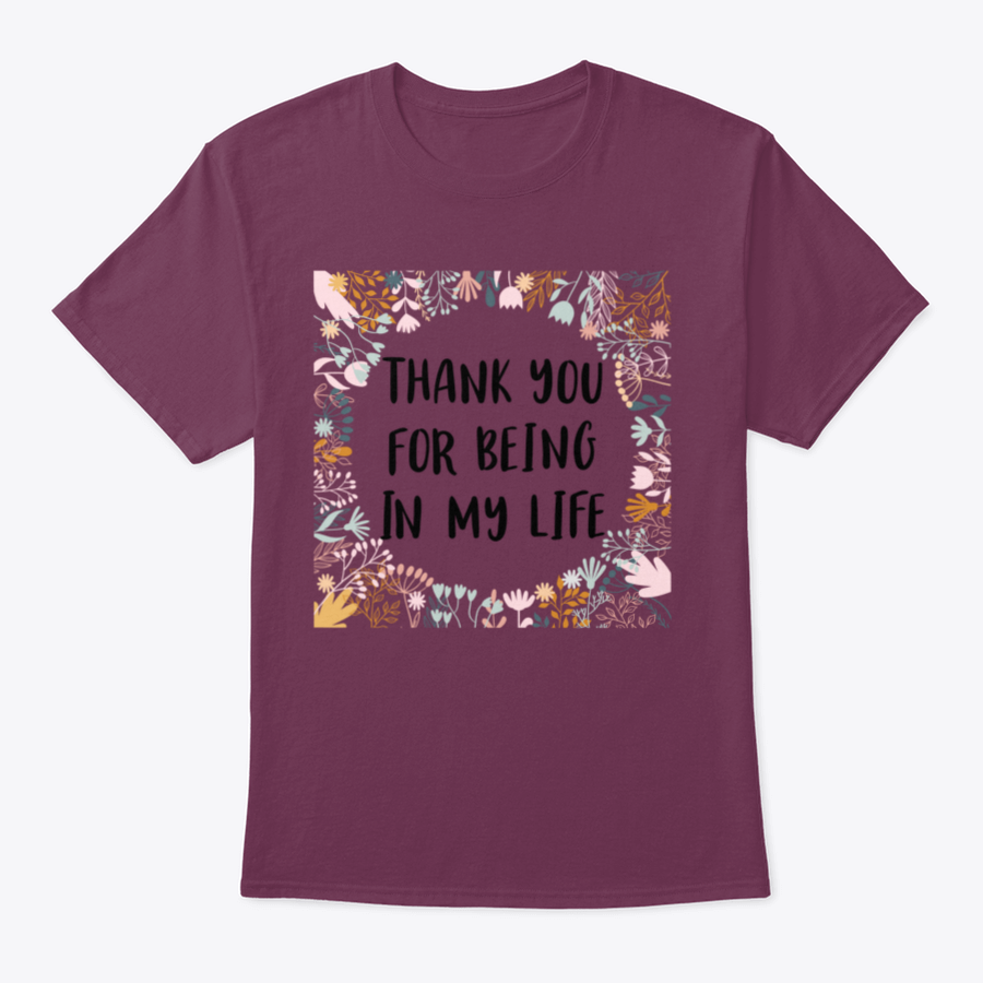 Purple shirt with gratitude message.