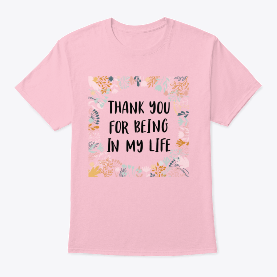 Pink shirt with gratitude message.