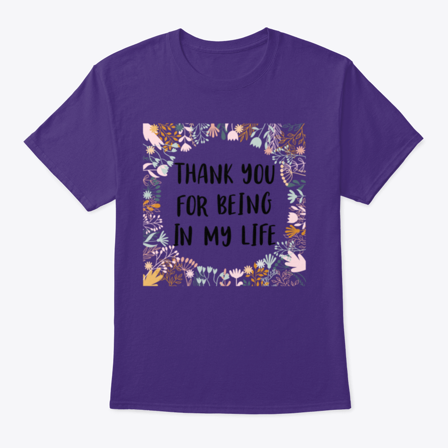 Purple shirt with gratitude message.