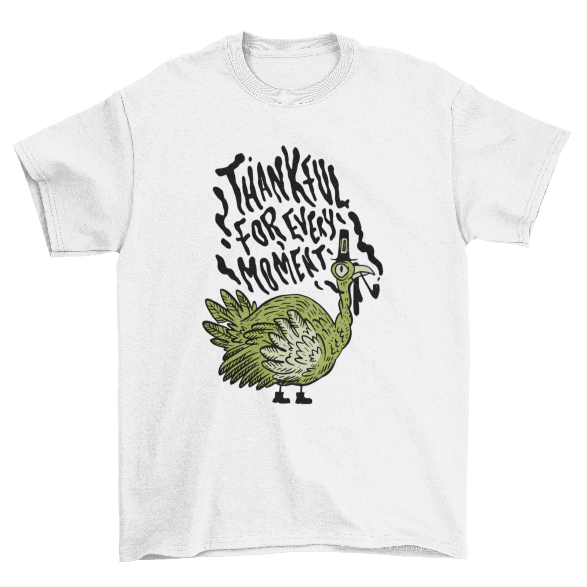 A stylish Thanksgiving t-shirt featuring a colorful turkey design and the quote 'Thankful for every moment'.