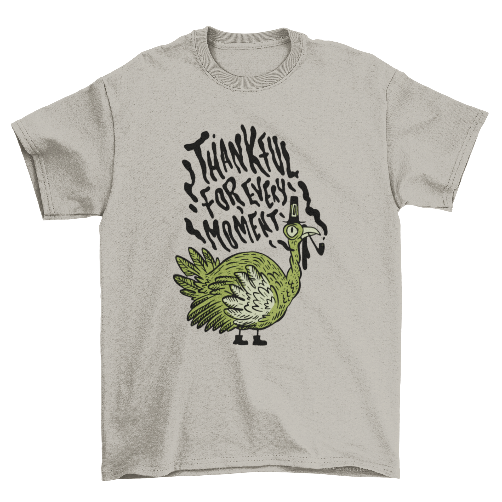 A stylish Thanksgiving t-shirt featuring a colorful turkey design and the quote 'Thankful for every moment'.