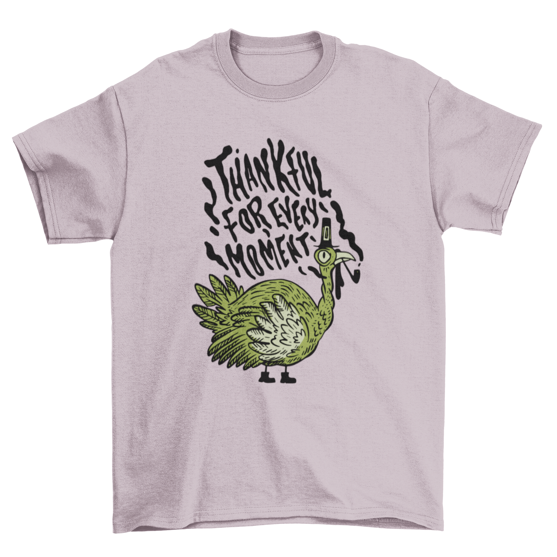 A stylish Thanksgiving t-shirt featuring a colorful turkey design and the quote 'Thankful for every moment'.