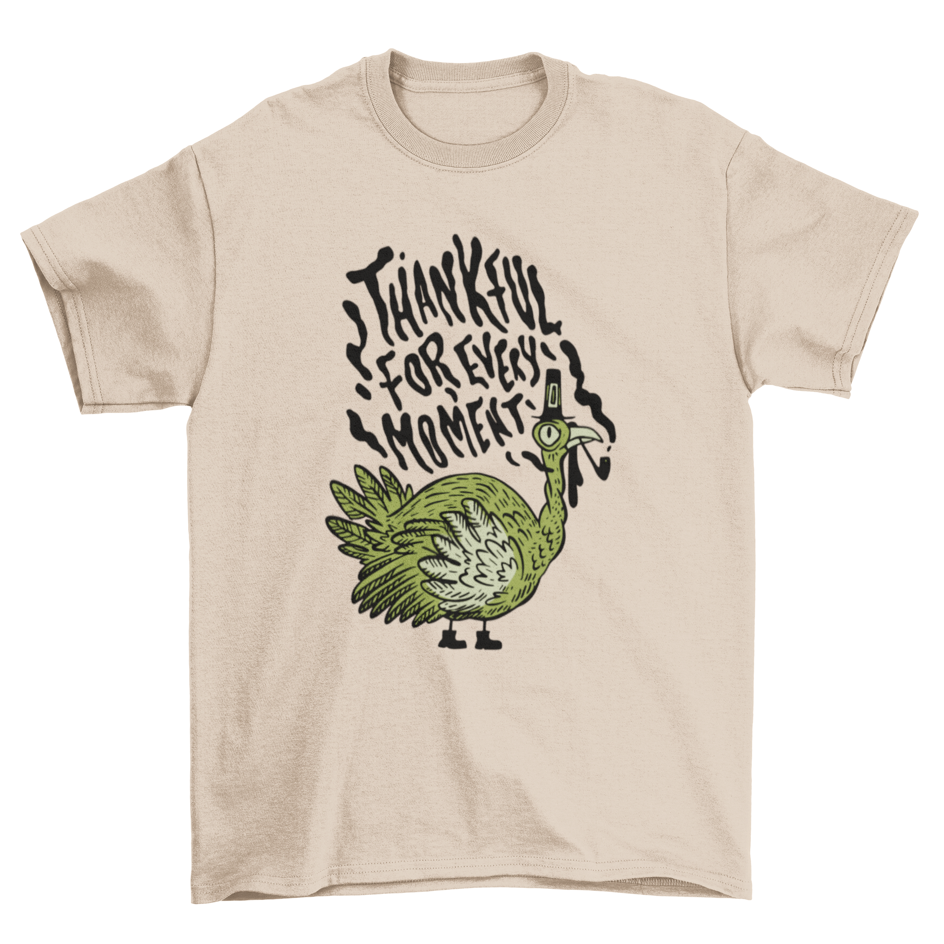 A stylish Thanksgiving t-shirt featuring a colorful turkey design and the quote 'Thankful for every moment'.