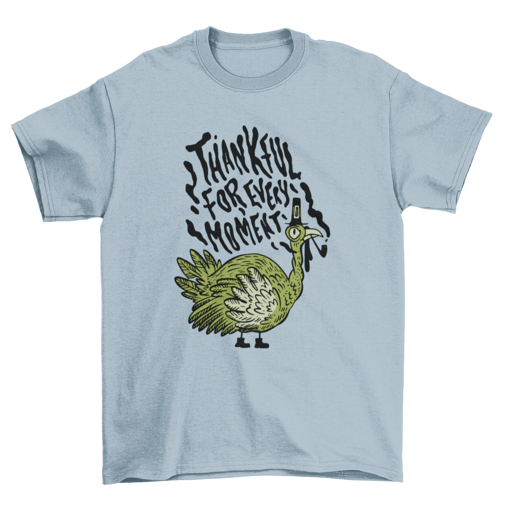 A stylish Thanksgiving t-shirt featuring a colorful turkey design and the quote 'Thankful for every moment'.