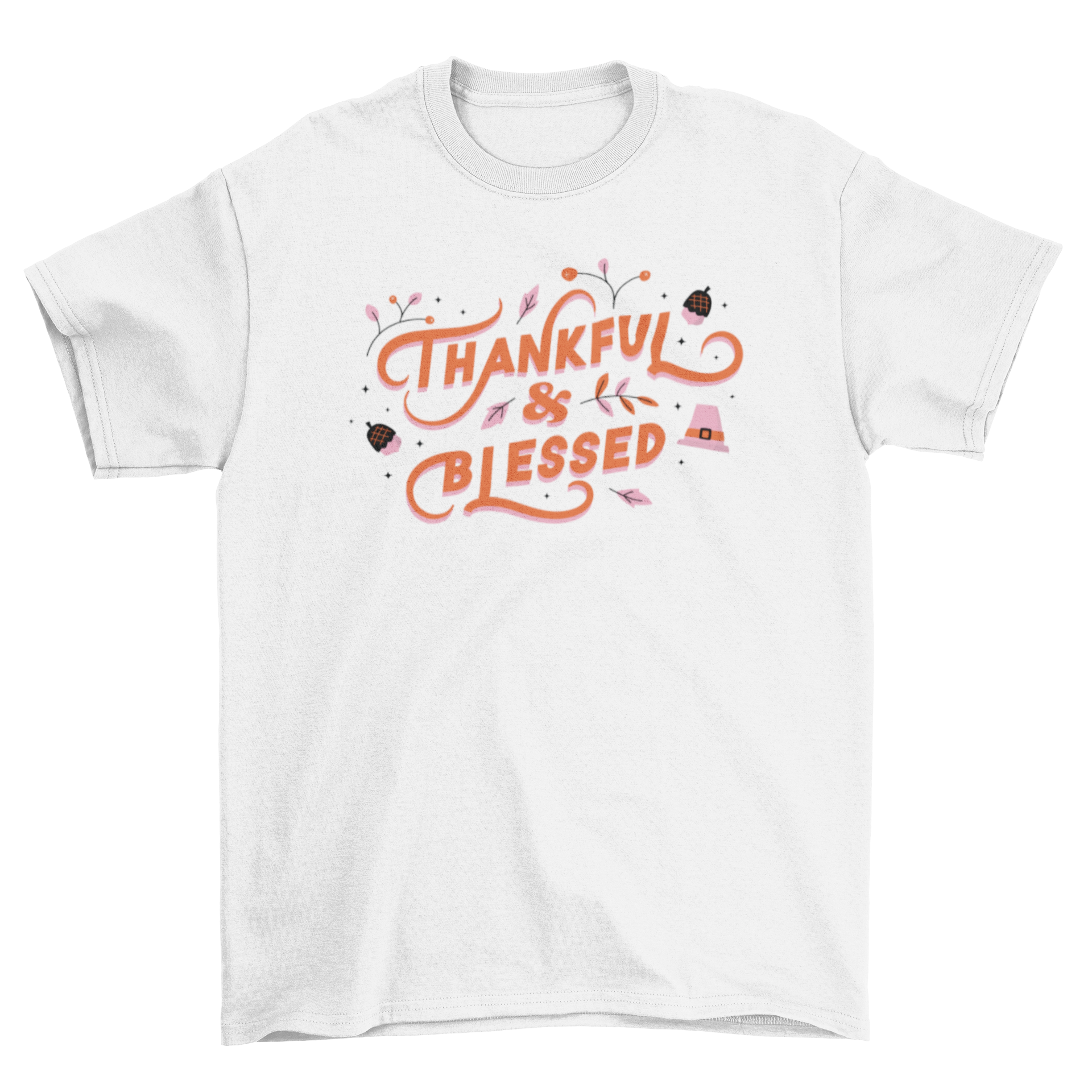Thanksgiving Lettering T-shirt featuring the quote 'Thankful & Blessed' in stylish typography.