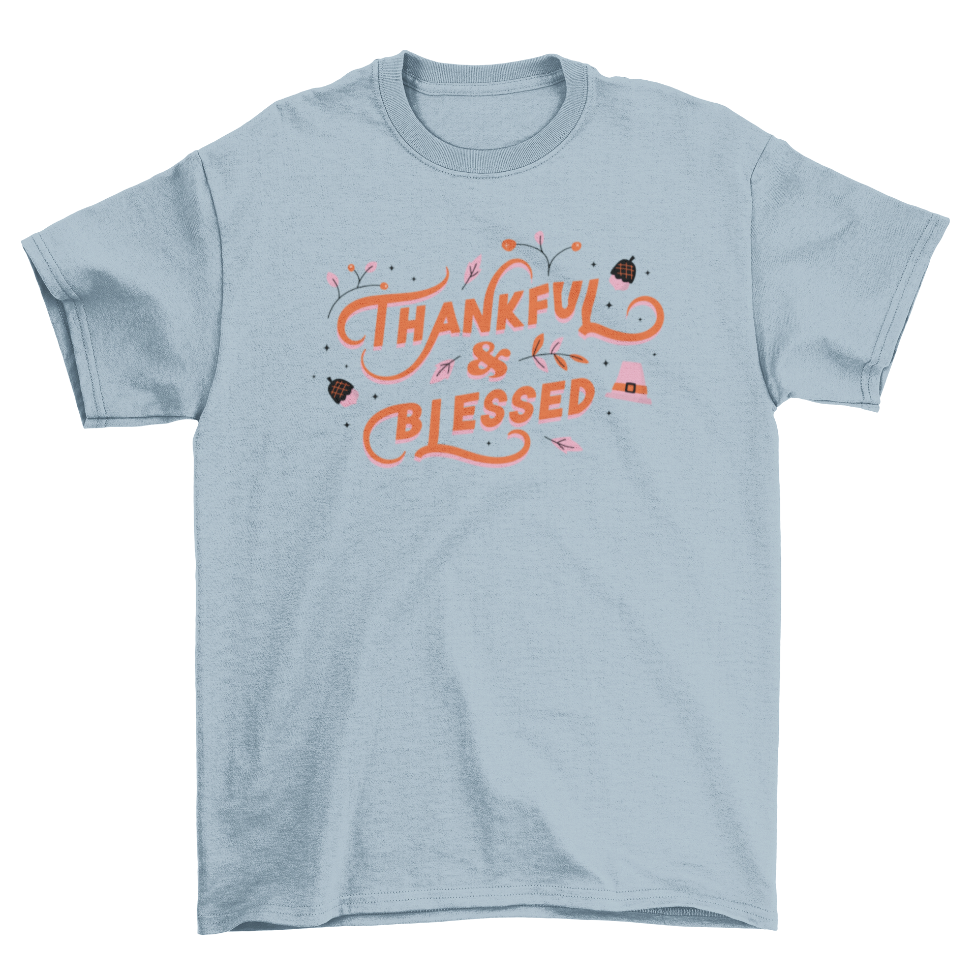 Thanksgiving Lettering T-shirt featuring the quote 'Thankful & Blessed' in stylish typography.