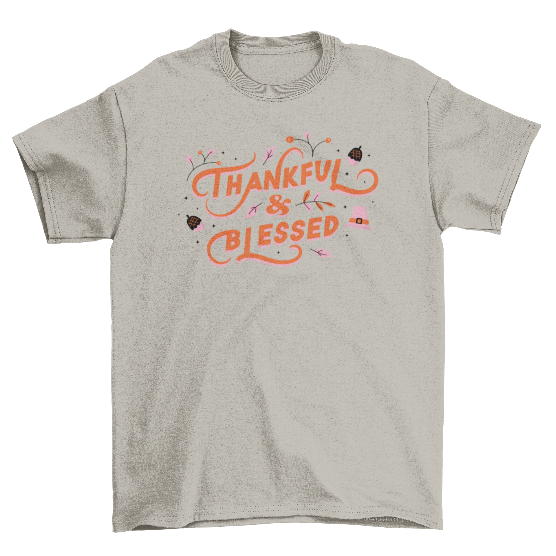 Thanksgiving Lettering T-shirt featuring the quote 'Thankful & Blessed' in stylish typography.