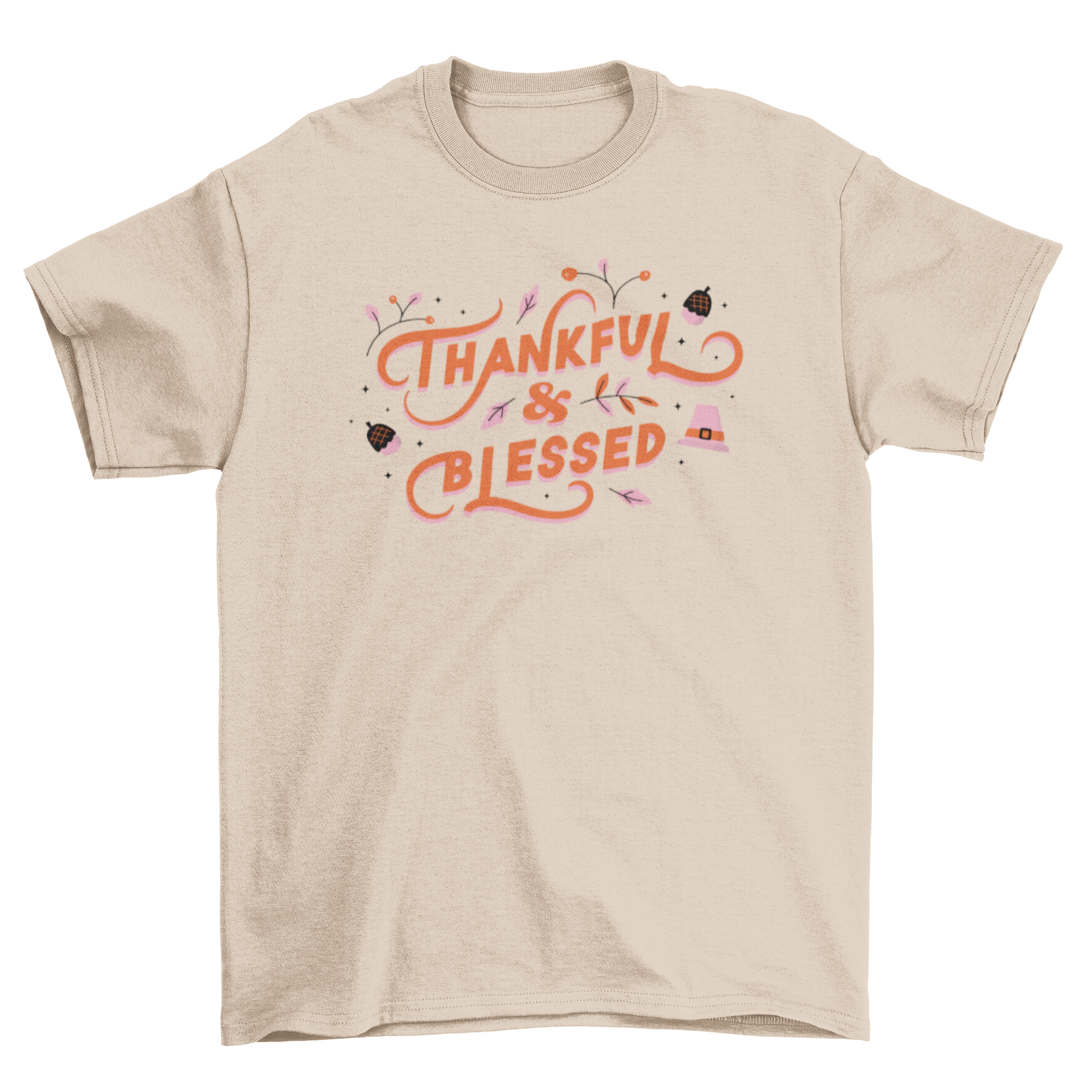 Thanksgiving Lettering T-shirt featuring the quote 'Thankful & Blessed' in stylish typography.