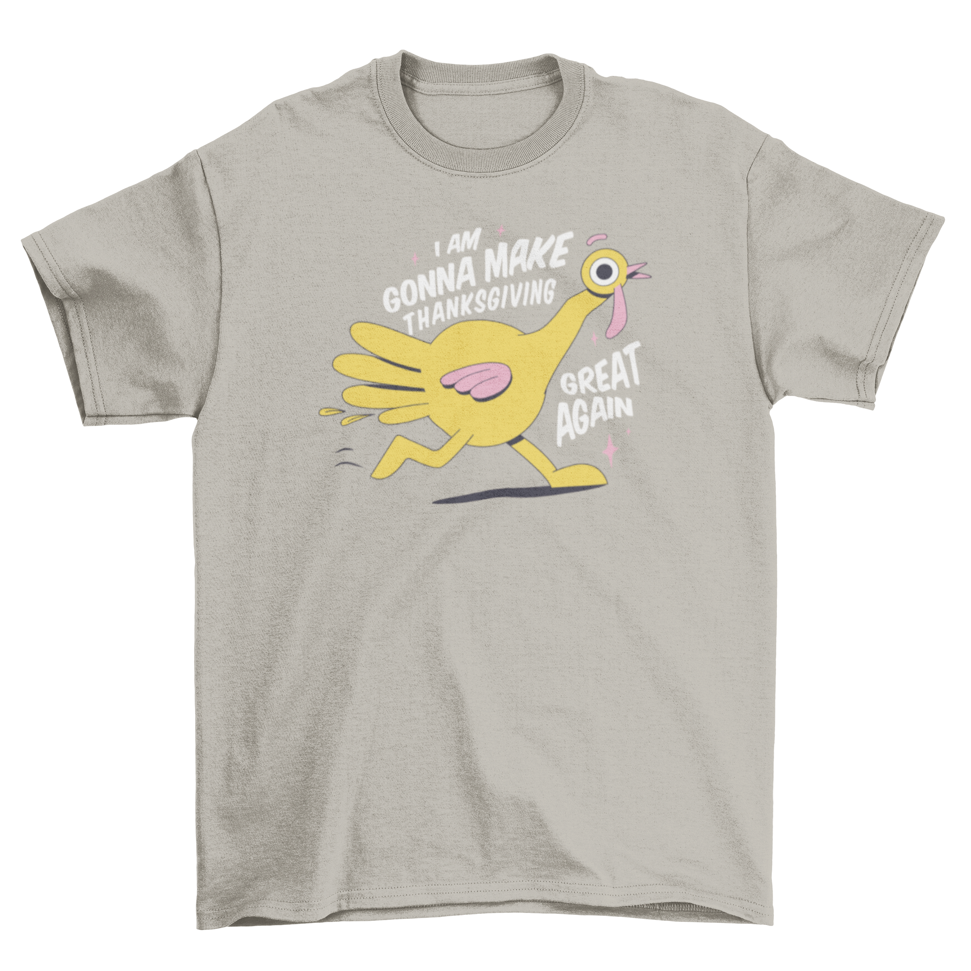 A humorous Thanksgiving turkey cartoon t-shirt featuring a turkey and the quote 'I am gonna make Thanksgiving great again'.