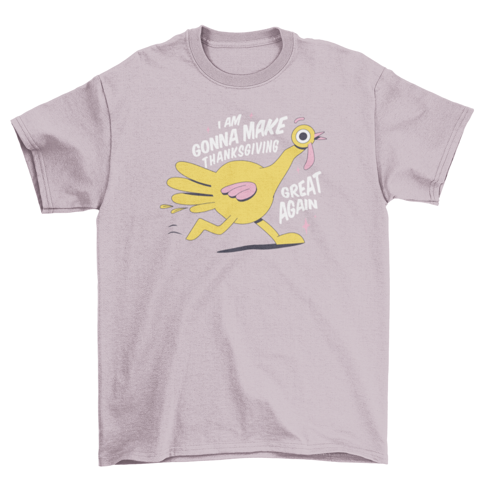 A humorous Thanksgiving turkey cartoon t-shirt featuring a turkey and the quote 'I am gonna make Thanksgiving great again'.