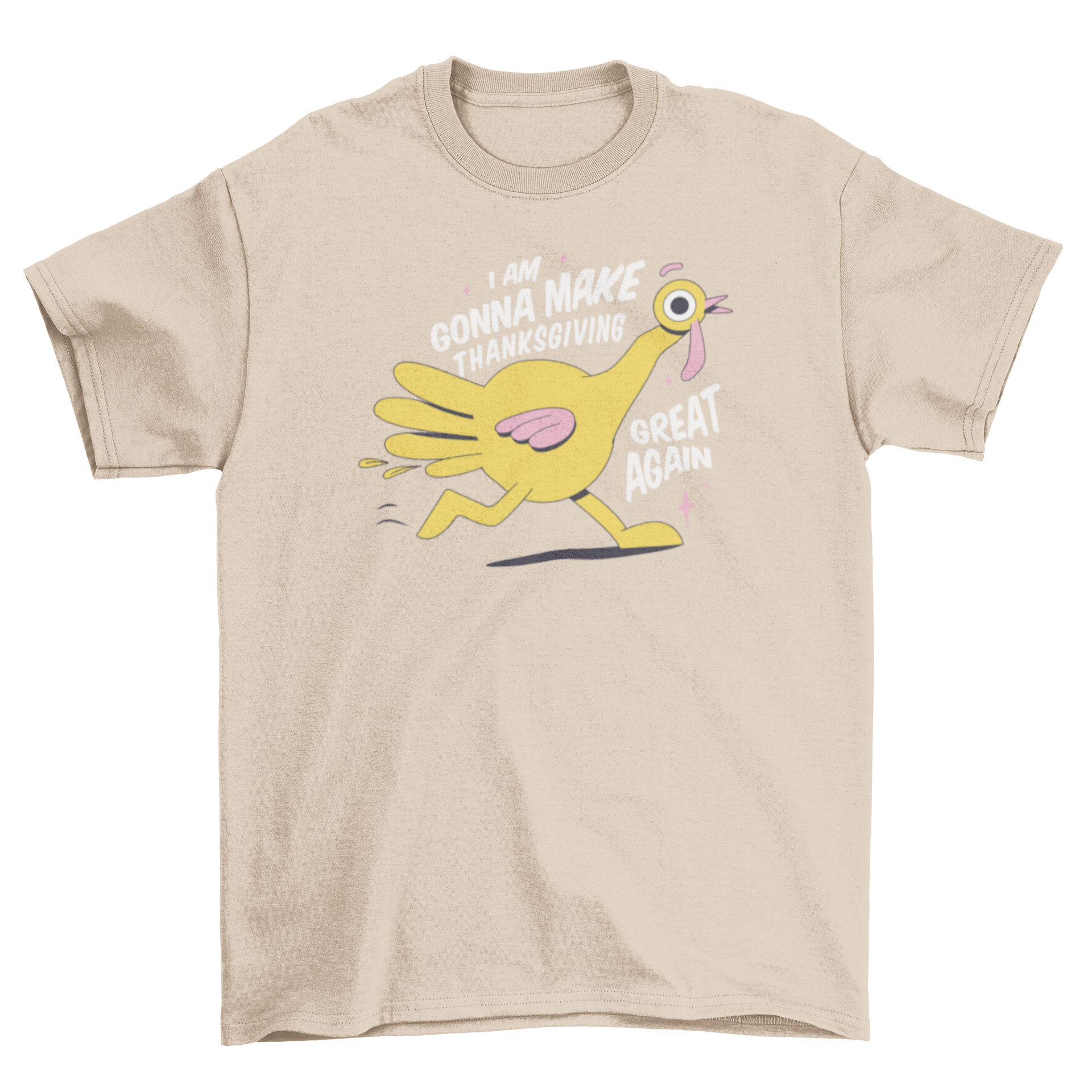 A humorous Thanksgiving turkey cartoon t-shirt featuring a turkey and the quote 'I am gonna make Thanksgiving great again'.