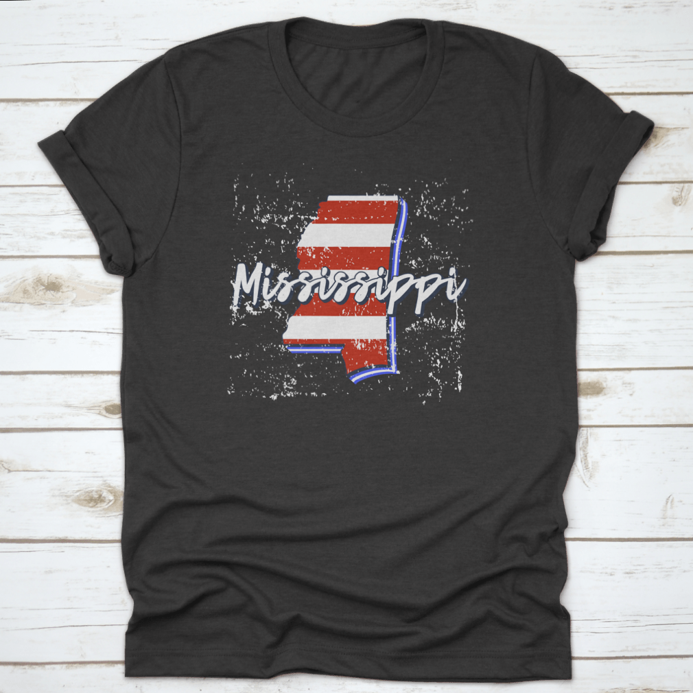 A detailed representation of the American flag integrated with a map of Mississippi, featuring elegant calligraphy of the state's name.