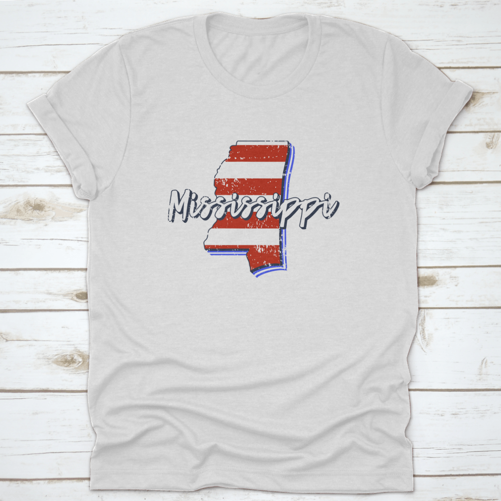 A detailed representation of the American flag integrated with a map of Mississippi, featuring elegant calligraphy of the state's name.