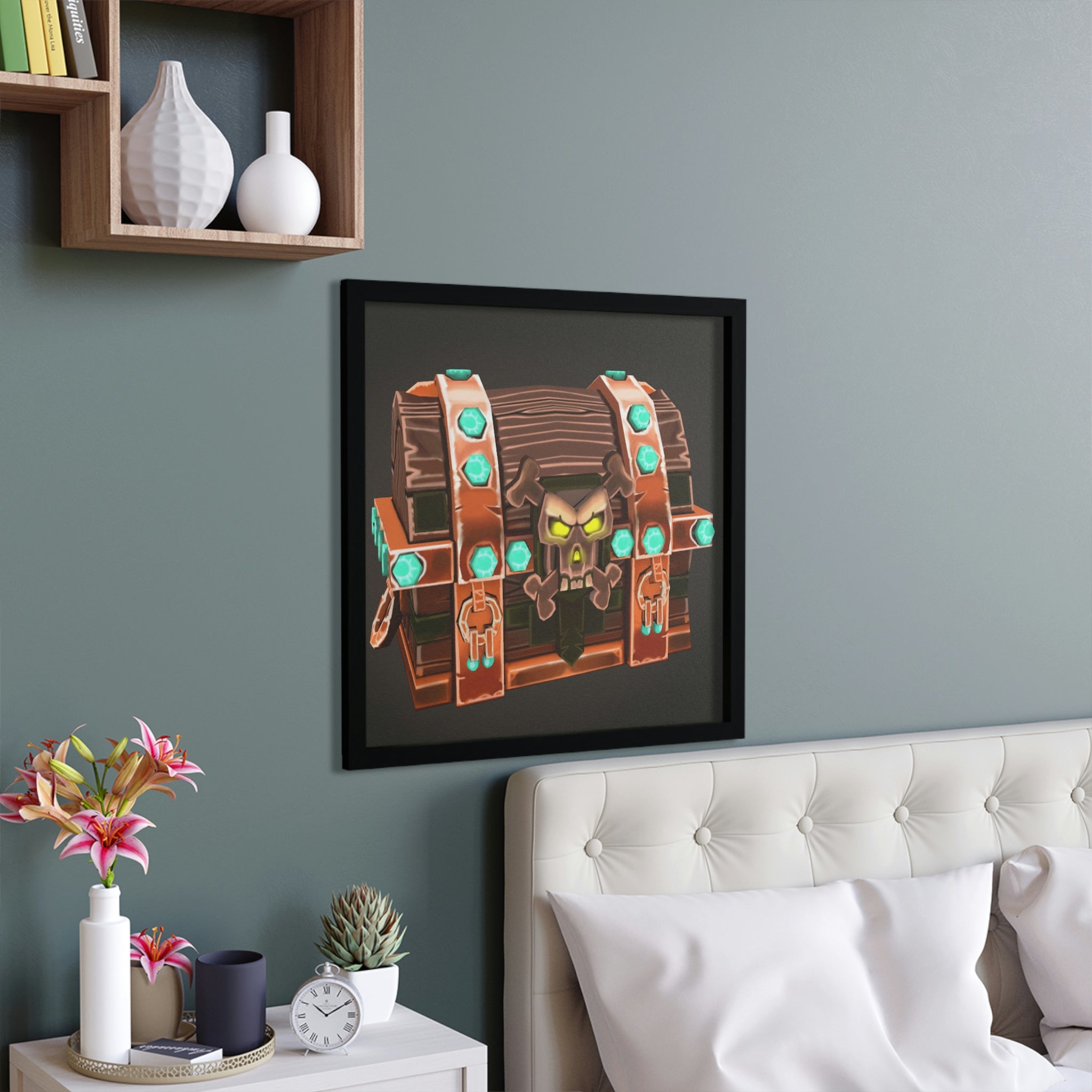 The Bad Bone Framed Poster featuring a hand-crafted wooden frame and vibrant artwork, ready to enhance any space.