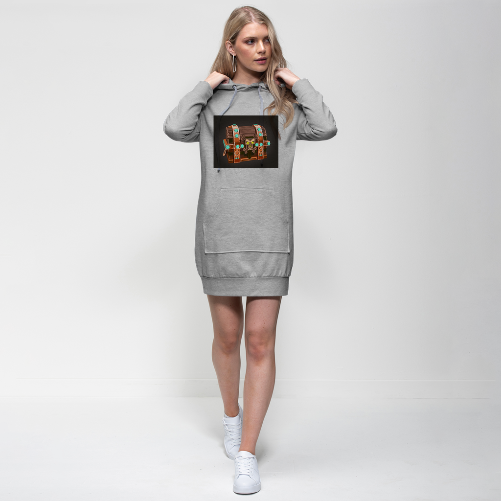The Bad Bone Premium Adult Hoodie Dress featuring a relaxed fit, hood, and kangaroo pocket in a stylish design.